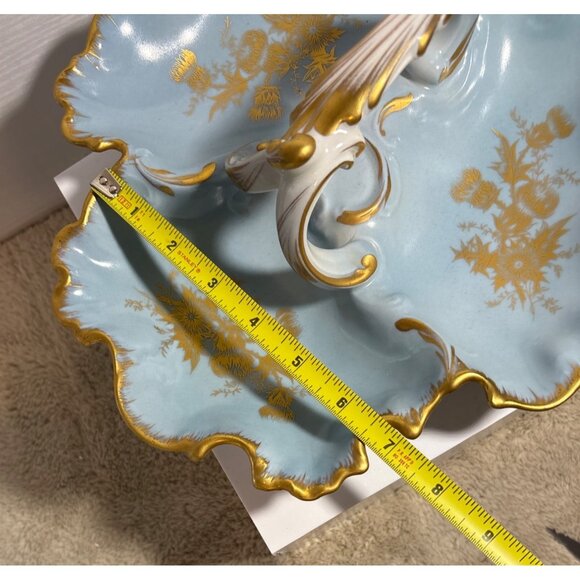 Limoges France Handled Divided Dish Blue Porcelain 11" Gold Trim Scalloped Edge - Picture 6 of 9